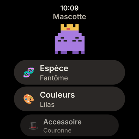 Paramètres › Mascotte sur la montre&nbsp;: espèce, couleurs et accessoire